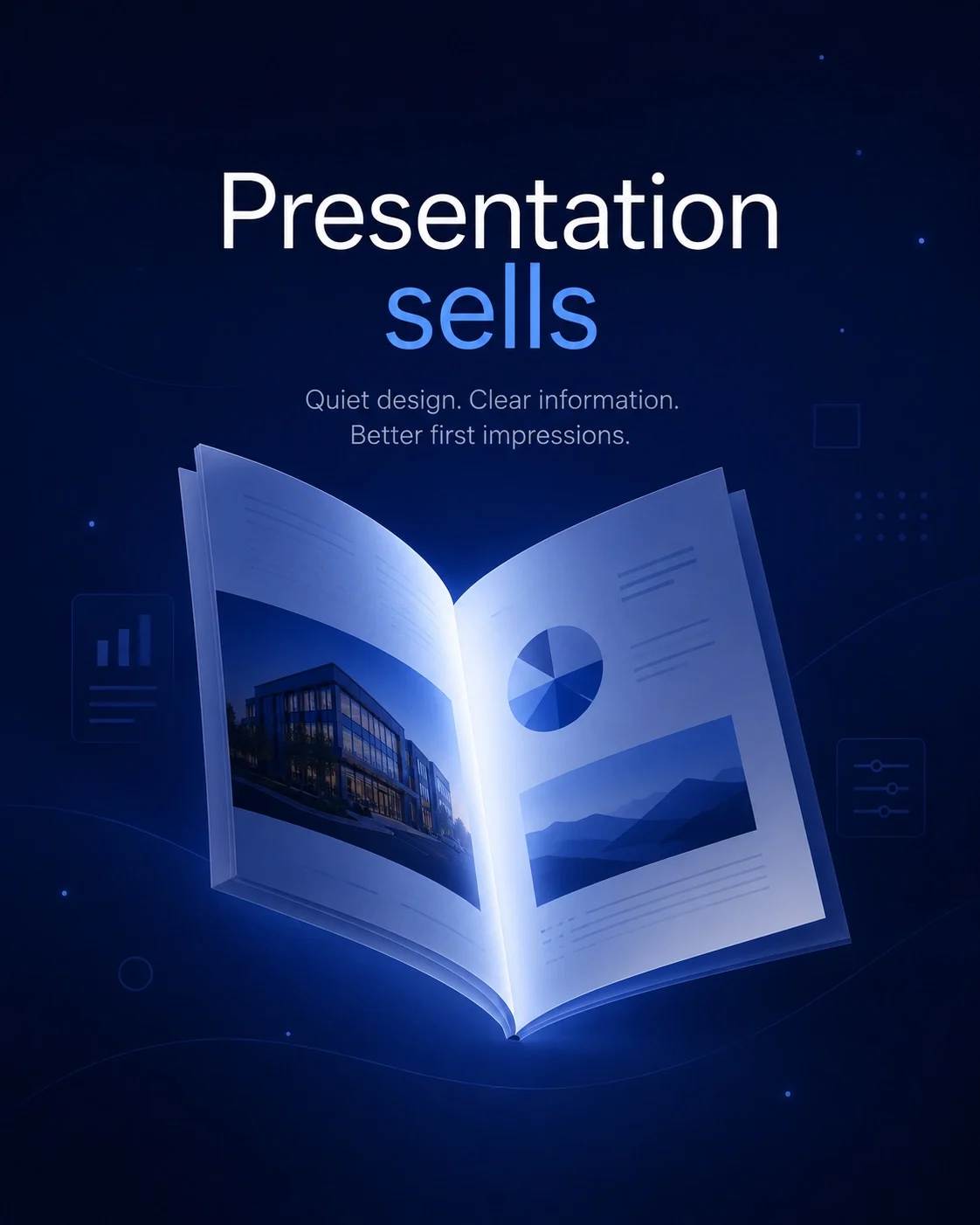 Open brochure showing an office building and charts.
