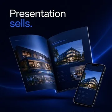 Open real estate brochure and phone showing a modern property.