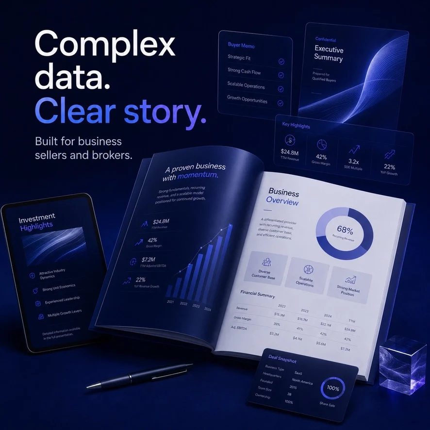 Business sale brochure with financial highlights and charts.