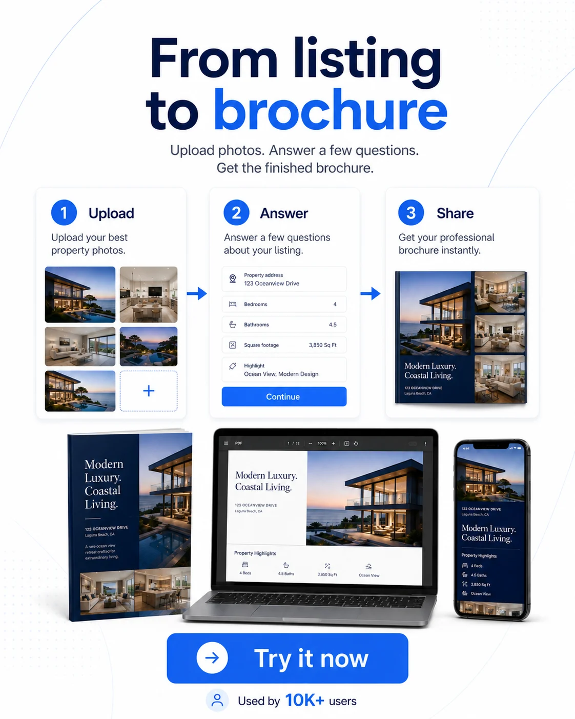 Three steps from property listing to finished brochure.