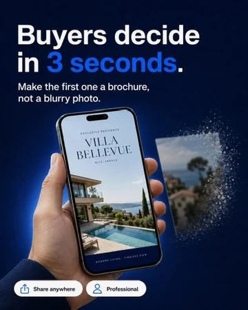 Hand holding a phone showing a villa brochure with a share option.