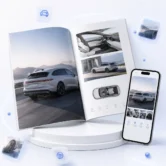 Car brochure spread with a phone preview.