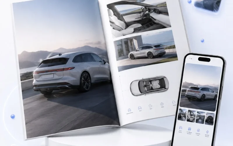 Car brochure spread with a phone preview.