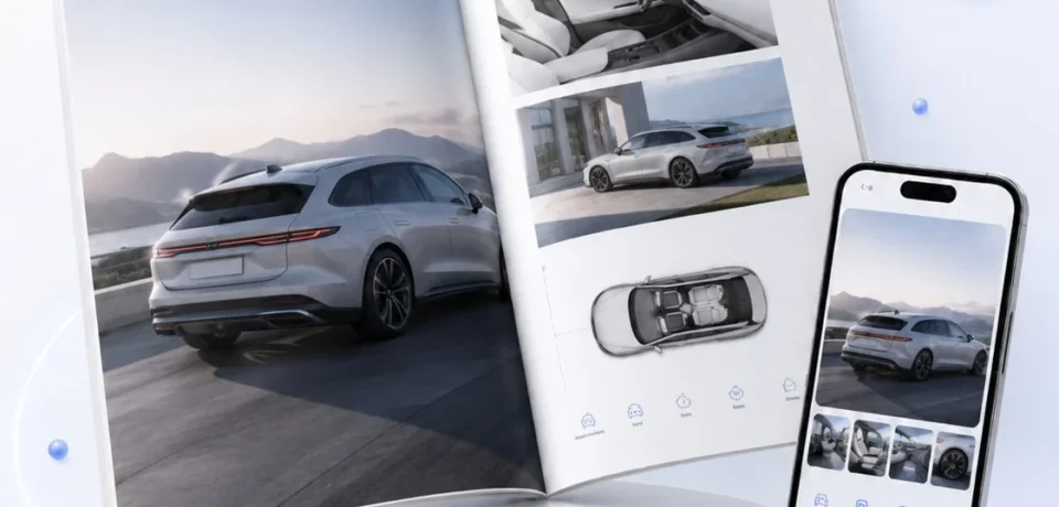 Car brochure spread with a phone preview.
