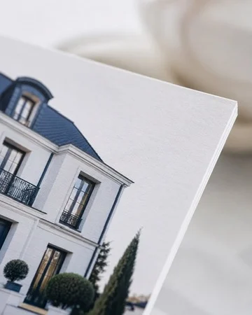 Print-ready real estate brochure showing a classic villa exterior.